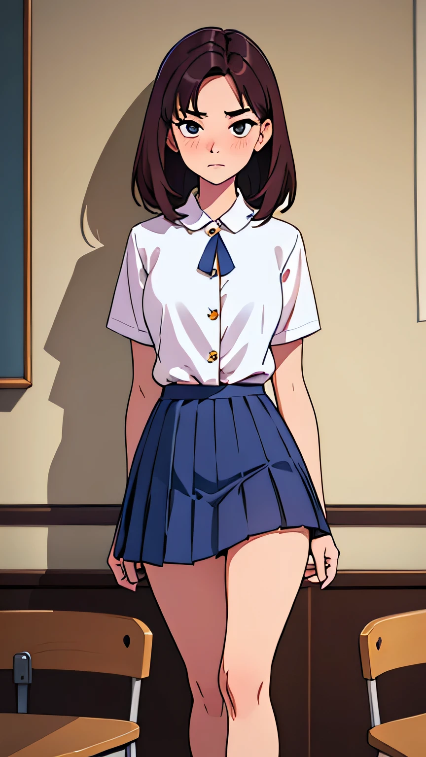((best qualityer)), ((work of art)), (detailded), face perfect, class room, talking with friend, slender 14 year old teenager, (((standing))), (((legs together, Knee flexion))), ((((plain white shirt with buttons)))), (((dark blue pleated skirt))), (((plain pink panties))), (((peak of the raised skirt))), (((skinny thighs))), (((Waist slender))), ((surprise:1.4)), ((blushful:1.3)), chestnut hair, hypdertailed