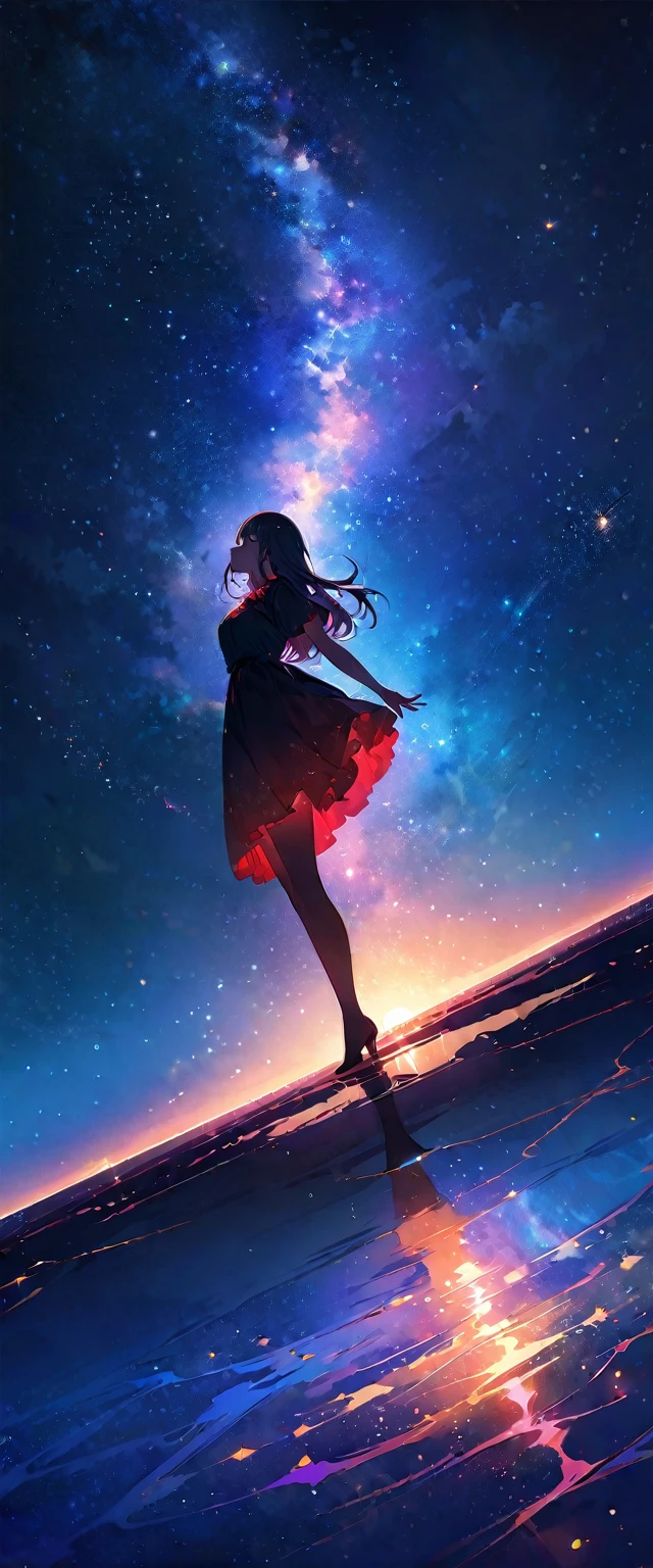 Crescent moon theme,Official Art, Integrated 8K wallpapers, Very detailed, masterpiece, Best image quality,Ultra Wide Angle,night,woman,Standing by the salt lake,The water is like a mirror,Reflecting the sky。Looking up at the sky,The Milky Way is in the sky,Dynamic Angle, Grace, Bright colors,Dynamic crescent moon