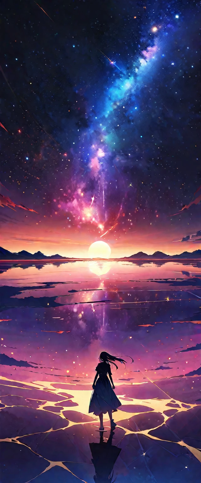 Crescent moon theme,Official Art, Integrated 8K wallpapers, Very detailed, masterpiece, Best image quality,Ultra Wide Angle,night,woman,Standing by the salt lake,The water is like a mirror,Reflecting the sky。Looking up at the sky,The Milky Way is in the sky,Dynamic Angle, Grace, Bright colors,Dynamic crescent moon