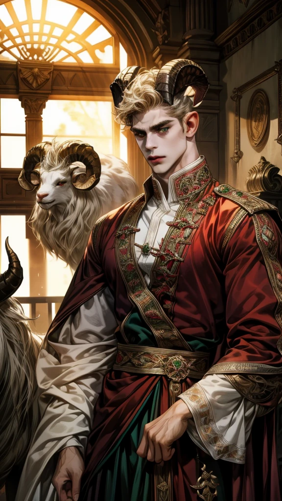 (absurdres, highres, ultra detailed) 1 male, handsome, tall muscular guy, hair (very short hair, curly hair, light hair with a reddish tint), 2 white horns(ram horns, round horns), green eyes, dark light, shadow, background is hell, looking at viewer, solo, (full body), white shirt like a prince, dynamic composition, mystical western demon atmosphere, dark