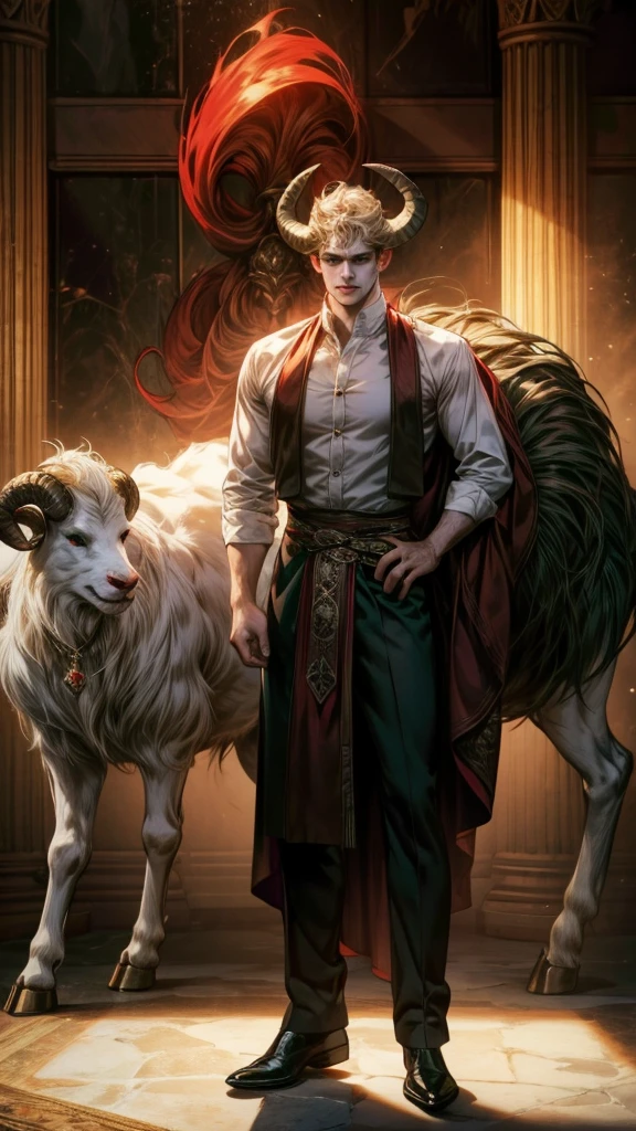 (absurdres, highres, ultra detailed) 1 male, handsome, tall muscular guy, hair (very short hair, curly hair, light hair with a reddish tint), 2 white horns(ram horns, round horns), green eyes, dark light, shadow, background is hell, looking at viewer, solo, (full body), white shirt like a prince, dynamic composition, mystical western demon atmosphere, dark