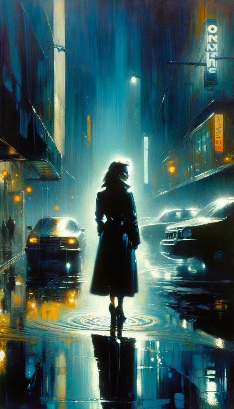 futuristic world: 1.5, surrealism, impressionism, alone, reflections in a puddle of water, oil painting, chiaroscuro, sensual and dramatic lighting, changing atmosphere, art inspired by Bill Sienkiewicz