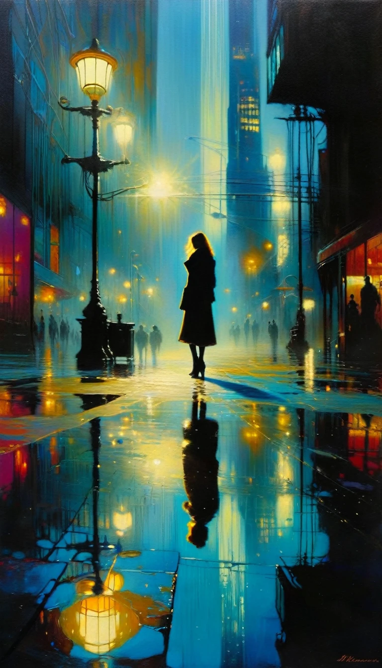 futuristic world: 1.5, surrealism, impressionism, alone, reflections in a puddle of water, oil painting, chiaroscuro, sensual and dramatic lighting, changing atmosphere, art inspired by Bill Sienkiewicz
