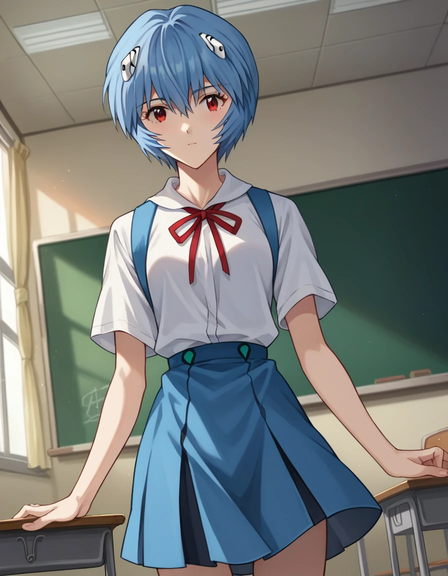 score_9, score_8_up, score_7_up, source_anime, reiayanami, rei ayanami, blue hair, short hair, red eyes, skirt, shirt, ribbon, , white shirt, short sleeves, red ribbon, neck ribbon, tokyo-3 middle , indoors, classroom, looking at viewer, cowboy shot, dutch angle, dynamic pose,