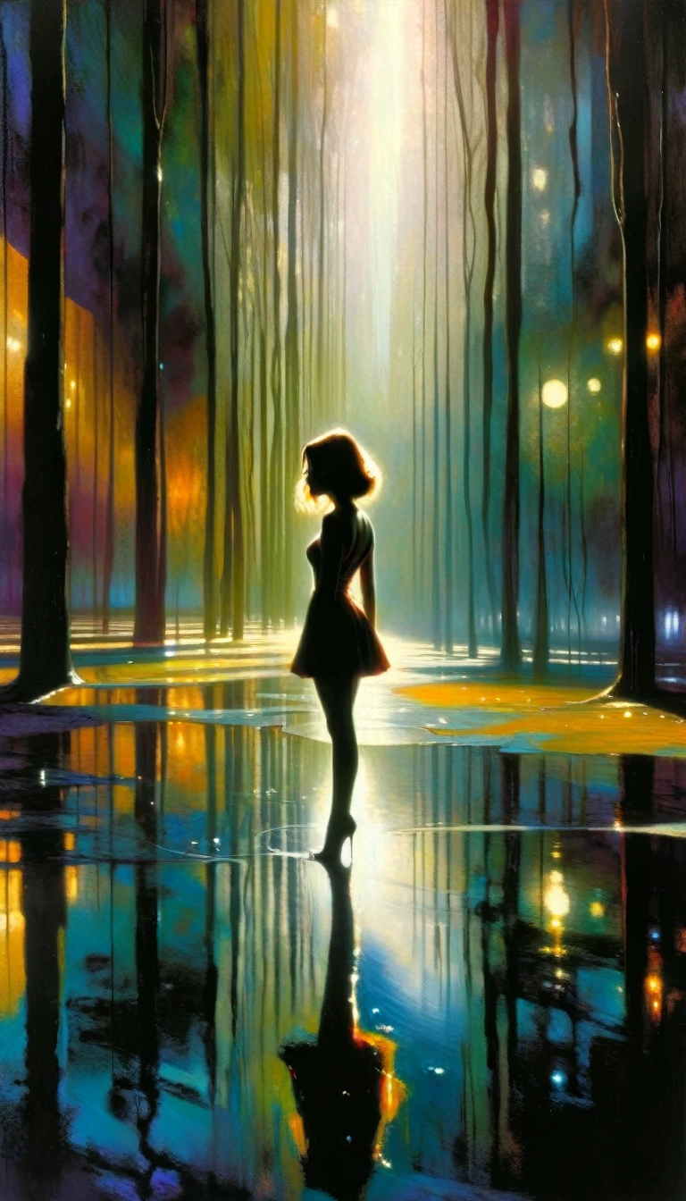 futuristic world: 1.5, surrealism, impressionism, alone, reflections in a puddle of water, oil painting, chiaroscuro, sensual and dramatic lighting, changing atmosphere, art inspired by Bill Sienkiewicz
