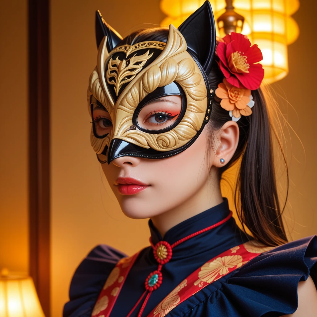 Have a book,上面有一张书签和一副Ojo mask, with gorgeous detailed Ojo, complex mask, ornate mask and fabrics, detailed mask, intricate Ojo, Complex art. neon Ojo, Ojo mask, fantastic detailed Ojo, Masks masks, Beautifully detailed Orisha, author:Lena Alexander, author:Anna Haifisch, Ojo mask, Owl mask, Ojo!