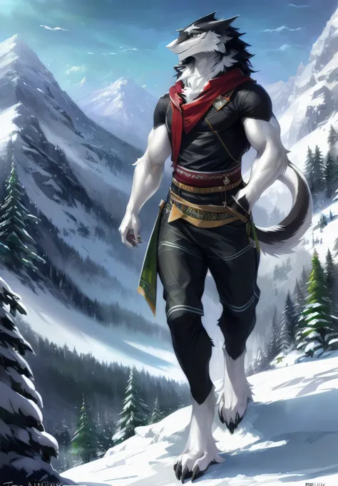 solo, anthro male (sergal:1.1), fluffy, clothed, black:gray:white fur green eyes, full body shot, muscular, ((buff anthro), snow...