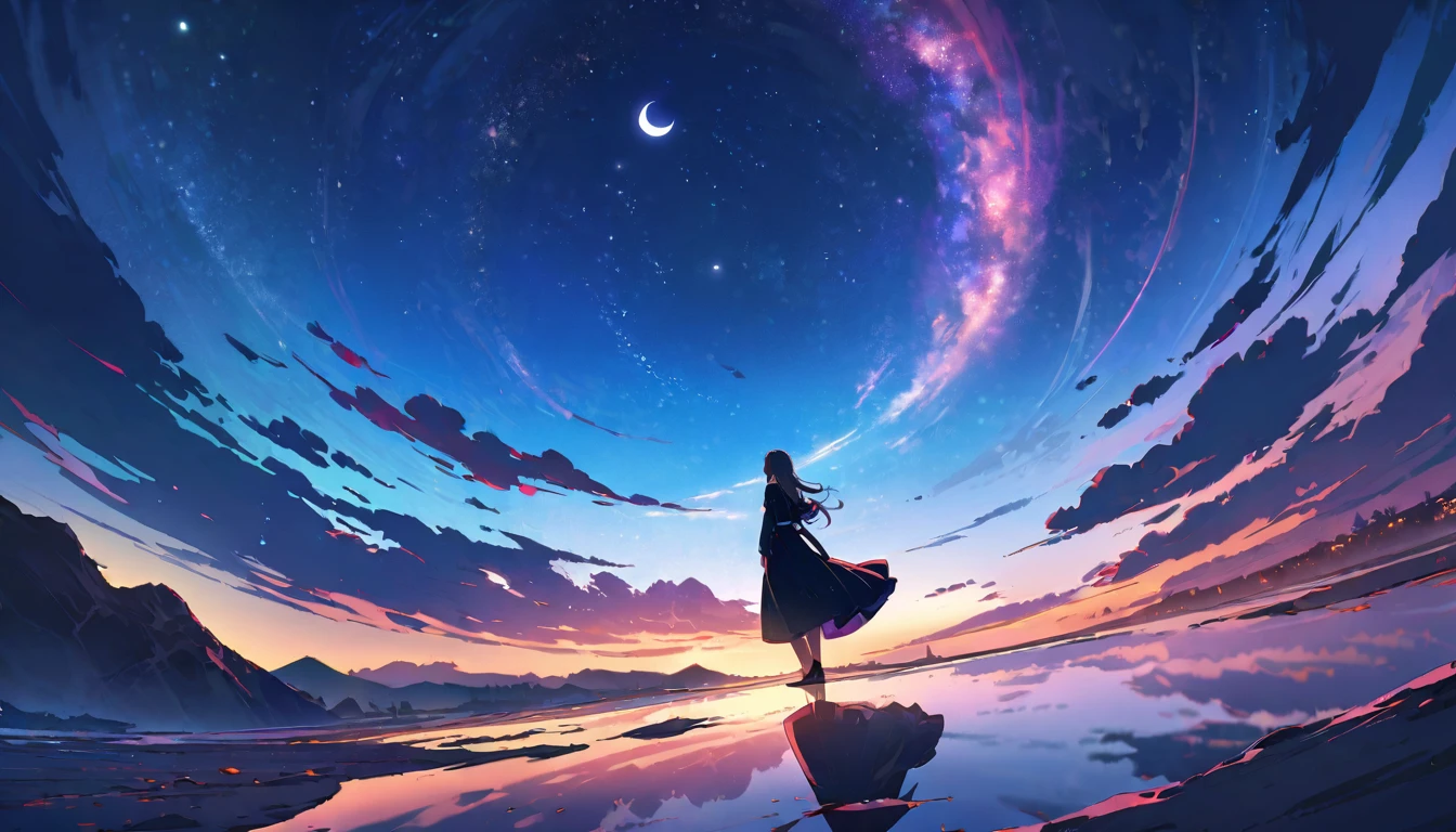 Crescent Moon,Official Art, Integrated 8K wallpapers, Very detailed, masterpiece, Best image quality,Ultra Wide Angle,night,woman,Standing by the salt lake,The water is like a mirror,Reflecting the sky,Look up at the sky,The Milky Way is in the sky,Dynamic Angle, Grace, Bright colors