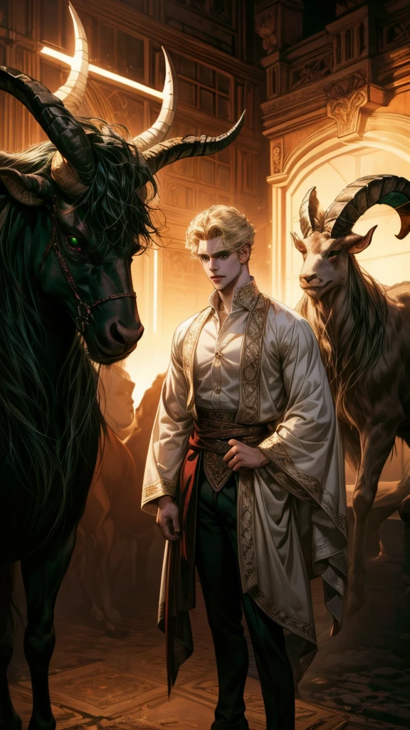 (absurdres, highres, ultra detailed) 1 male, handsome, tall muscular guy, hair (very short hair, curly hair, light hair with a reddish tint), 2 white horns(ram horns, round horns), green eyes, dark light, shadow, background is hell, looking at viewer, solo, (full body), white shirt like a prince, dynamic composition, mystical western demon atmosphere, dark