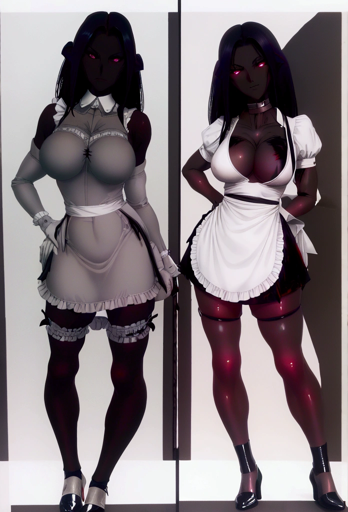 (isade),(Posing standing and with the body facing Fourth wall:1.5),+,(1 girl),(Mature body woman), (pretty: 1.5), (super hot: 1.5), (dark skin: 2.0), (long dark purple hair and dark purple eyes), (And super gigantic breasts: 1.5), (Height 1.20), (beautiful young woman), (super beautiful 18 year old ),(Slender body),(slim body),(slim body),(thin waist with hot hips),(large breasts and ass),(young mature and sexual woman's body),(Wearing),+,(Imagine a classic black and white maid dress, but with a very naughty twist – an incredibly short skirt that reveals almost everything. Imagine a black knee-length or longer bodice with puffed sleeves, a Peter Pan collar, and a small apron attached. This would be worn over a crisp white petticoat or slip that extends below the bodice. Now for the real showstopper: the skirt. Imagine a wide, gathered skirt that clings to the bodice at the waist. But here's the shocking part - the skirt must be incredibly short, barely covering the maid's private areas. We're talking about a micro-miniskirt effect, with the hem potentially even above the pubic bone. This would leave the maid's lower half surprisingly exposed, with just a hint of the white petticoat showing beneath her skirt. For a finishing touch, add a pair of white tights or sheer tights, along with black patent leather shoes or Mary Janes. This would accentuate the maid's legs and create a cute, feminine contrast to the outrageously short skirt.)