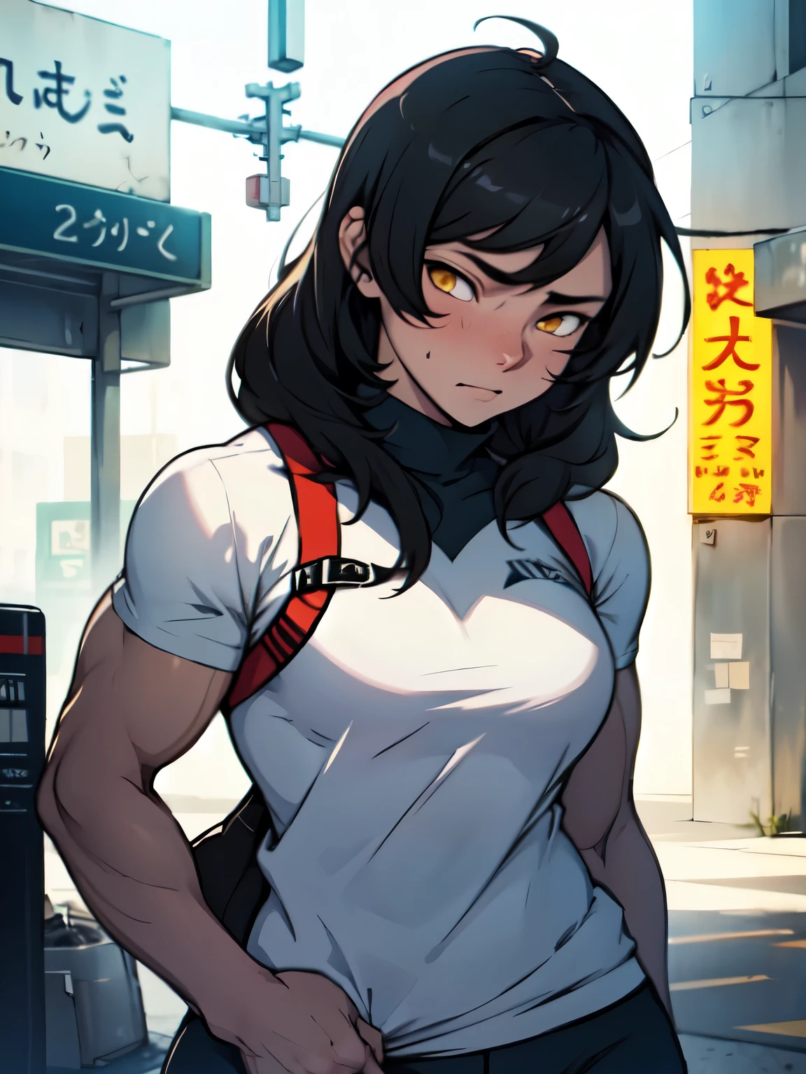 girl ((((muscular 1girl)))) ((((thick thighs toned body)))) (pale skin) black hair yellow eyes very long hair long sleeve tight t-shirt tight pants (french braid) breasts