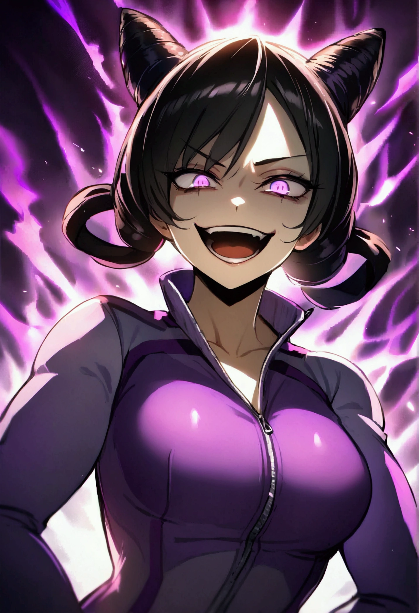 dark eye shadow,shining eyes,beautiful young fitness woman with , in a gym wearing May with black pantyhose, tight white and purple gym jacket. standing alone,hair horns,glowing purple eyes,Evil smile,legging preto ,labiaa,dark eye shadow,shining eyes,close up,open mouth with big evil smile
