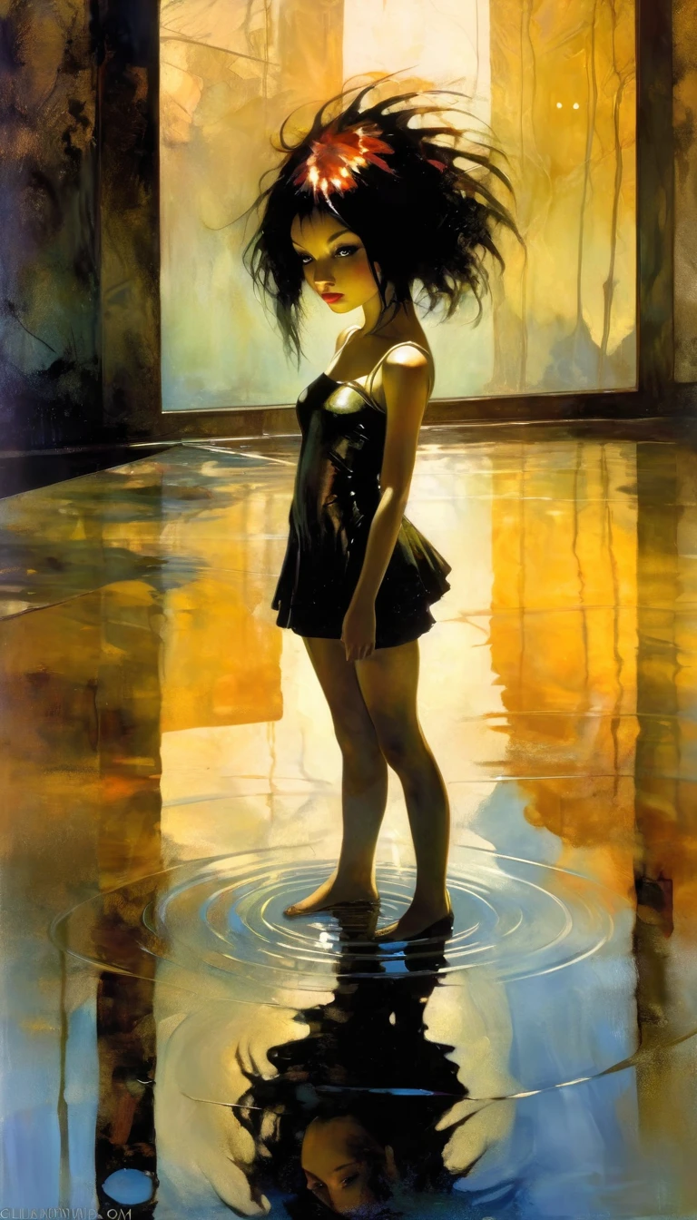futuristic world: 1.5, surrealism, impressionism, alone, reflections in a puddle of water, oil painting, chiaroscuro, sensual and dramatic lighting, changing atmosphere, art inspired by Bill Sienkiewicz
