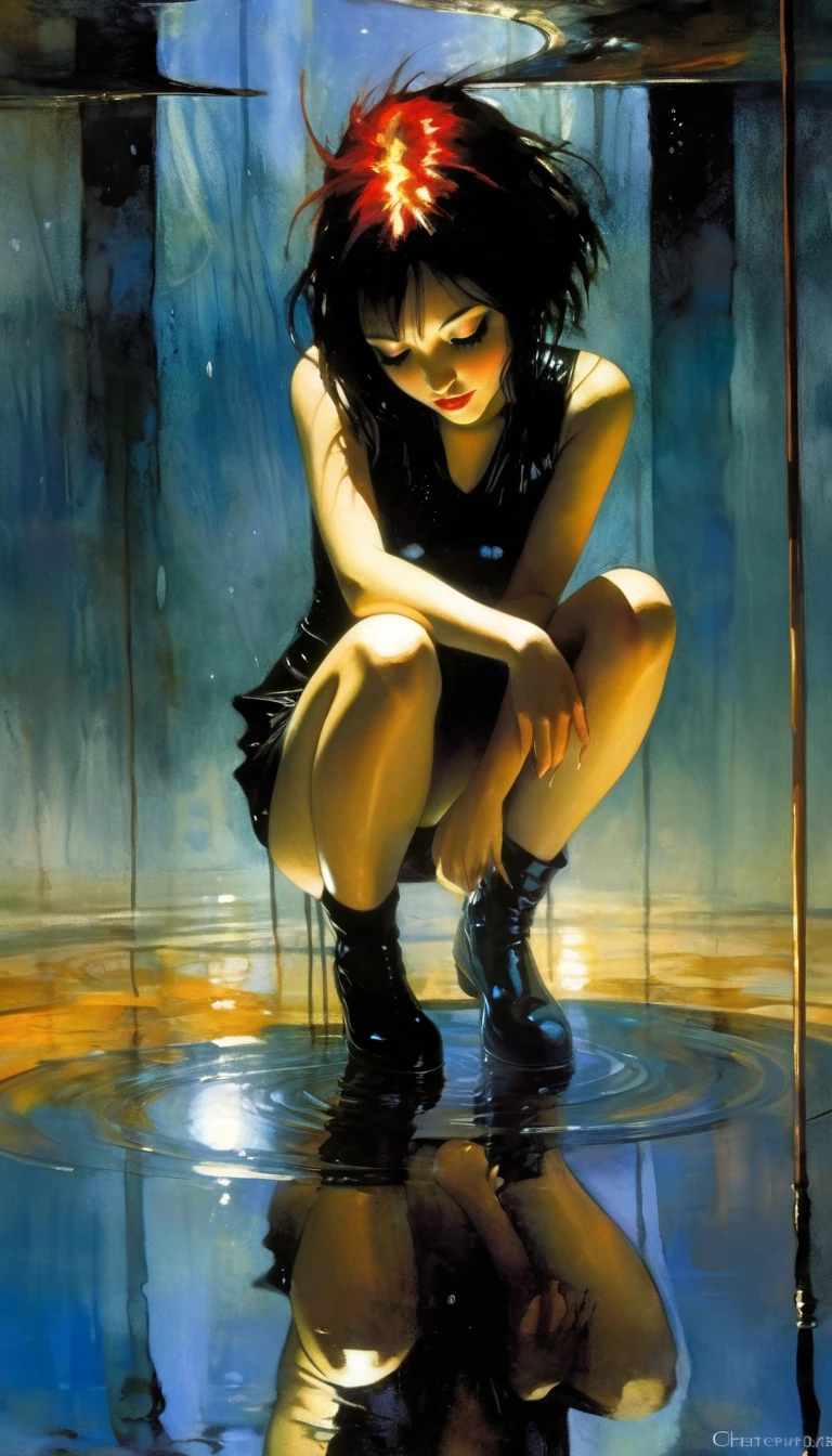 futuristic world: 1.5, surrealism, impressionism, alone, reflections in a puddle of water, oil painting, chiaroscuro, sensual and dramatic lighting, changing atmosphere, art inspired by Bill Sienkiewicz