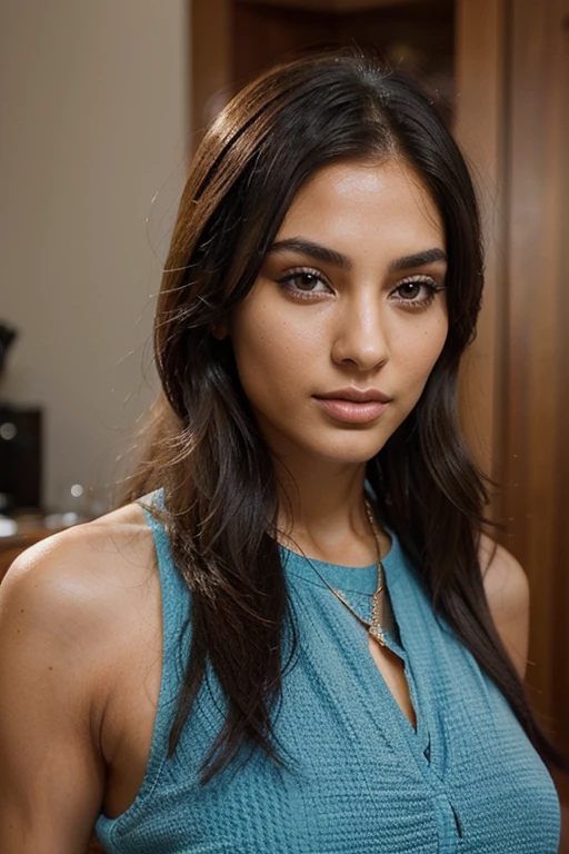 A young woman of exceptional beauty, that combines the best of traditional and modern features. She has exotic, very tanned skin in the Arab style that highlights her healthy and natural appearance.. His face is symmetrical with a well-defined bone structure., adorned with traditional jewelry that gives it a majestic and elegant touch.
His eyes are a mesmerizing mix of blue and green.; petrol blue, large and expressive, capable of communicating great emotional depth. His eyebrows are thick and well defined., perfectly framing your eyes. The hair is white-gray from stress and can vary between a short and modern style or long and loose., bringing versatility to your appearance.
Her lips are full and well defined, adding sensuality to your face. The nose is thin and straight, complementing the harmony of your facial features. On the whole, Its appearance is a mix of classic elegance, youthful freshness and an exotic touch that makes it unique and attractive in any context.