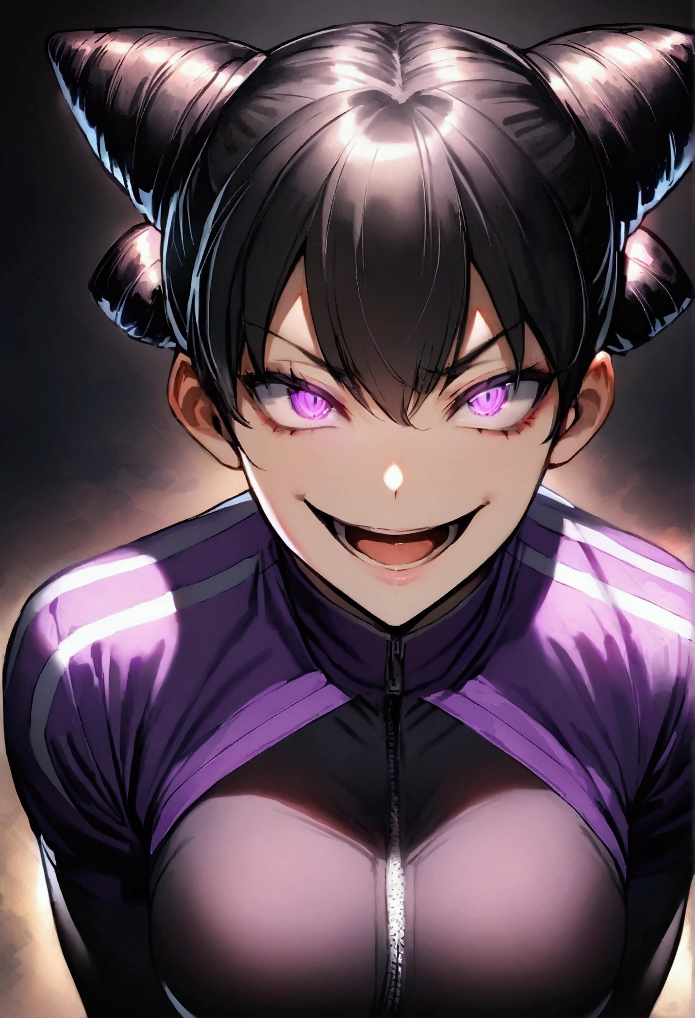 dark eye shadow,shining eyes,beautiful young fitness woman with , in a gym wearing May with black pantyhose, tight white and purple gym jacket. standing alone,hair horns,glowing purple eyes,Evil smile,legging preto ,labiaa,dark eye shadow,shining eyes,close up,open mouth with big evil smile
