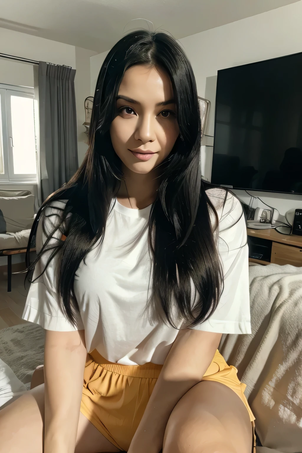 a white asian woman with long black hair mixed with purple, yellow clothes, detailed face, beautiful eyes,lips,nose,detailed skin, beautiful facial features,sitting in her room,using a smartphone,detailed furniture,cozy room interior,natural lighting,high quality,photorealistic,extremely detailed,8k,masterpiece,vibrant colors,cinematic lighting