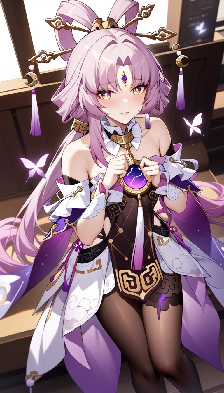 masterpiece, best quality, very aesthetic, absurdres, 1girl, mature_lady,,1girl, fu xuan \(honkai: star rail\), honkai \(series\), pink hair, long hair, hair ornament, forehead jewel, bare shoulders, twintails, parted bangs, low twintails, hair stick, pantyhose,in a cafe,luminous butterflies, fluttering butterflies,from above