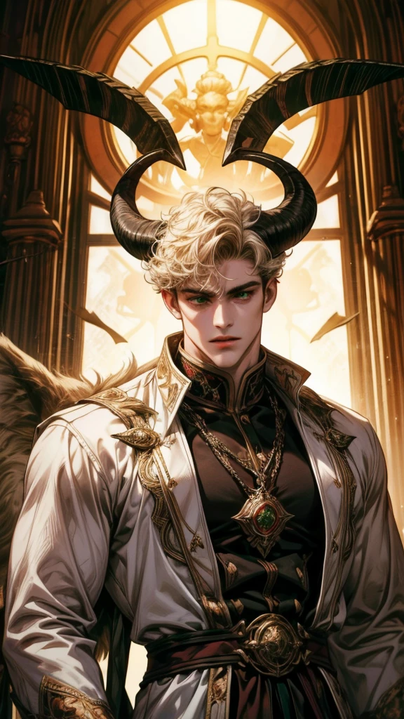 (absurdres, highres, ultra detailed) 1 male, handsome, tall muscular guy, hair (very short hair, curly hair, light hair with a reddish tint), 2 white horns(ram horns, round horns), green eyes, dark light, shadow, background is hell, looking at viewer, solo, (full body), white shirt like a prince, dynamic composition, mystical western demon atmosphere, dark