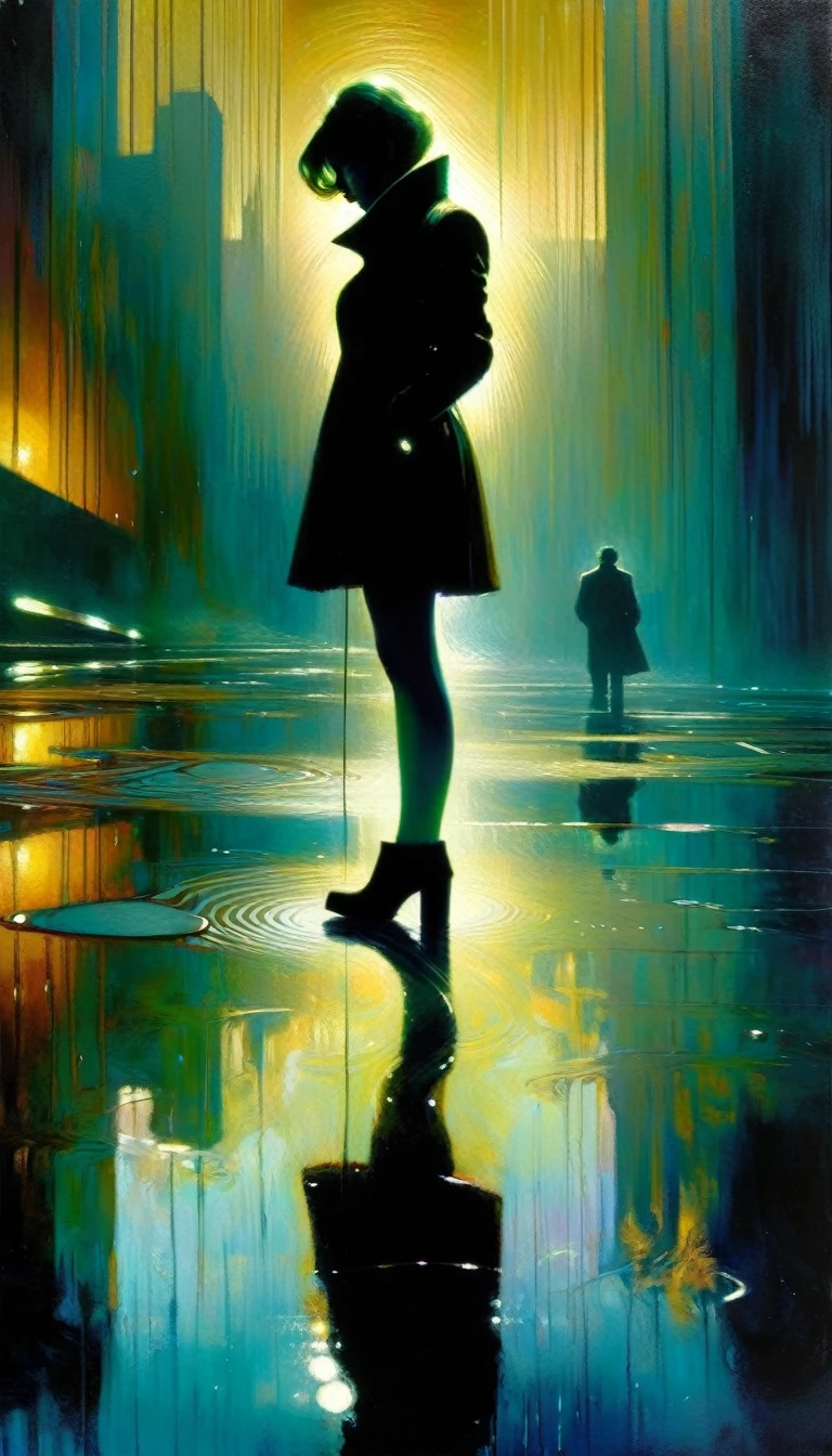 futuristic world: 1.5, surrealism, impressionism, alone, reflections in a puddle of water, oil painting, chiaroscuro, sensual and dramatic lighting, changing atmosphere, art inspired by Bill Sienkiewicz