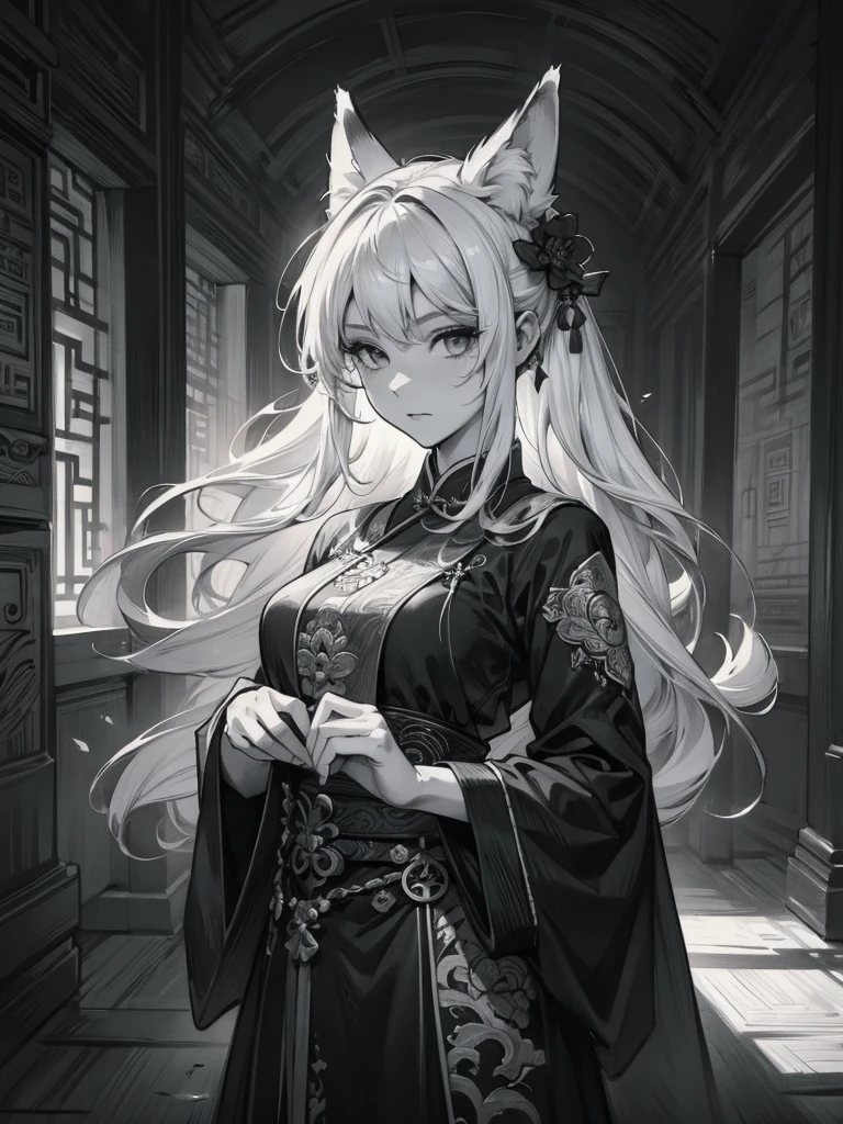 Sketch Reinforcement,Drawing pencil,Intensify the pencil strokes,Fox-eared maiden,pavilions,Ar de fada vibrando,Chinese ancient style,Long robe,black and white image,black and white art,black and white illustration,superfino,The hair is carefully described,The eyes are carefully portrayed, best quality,8K resolution