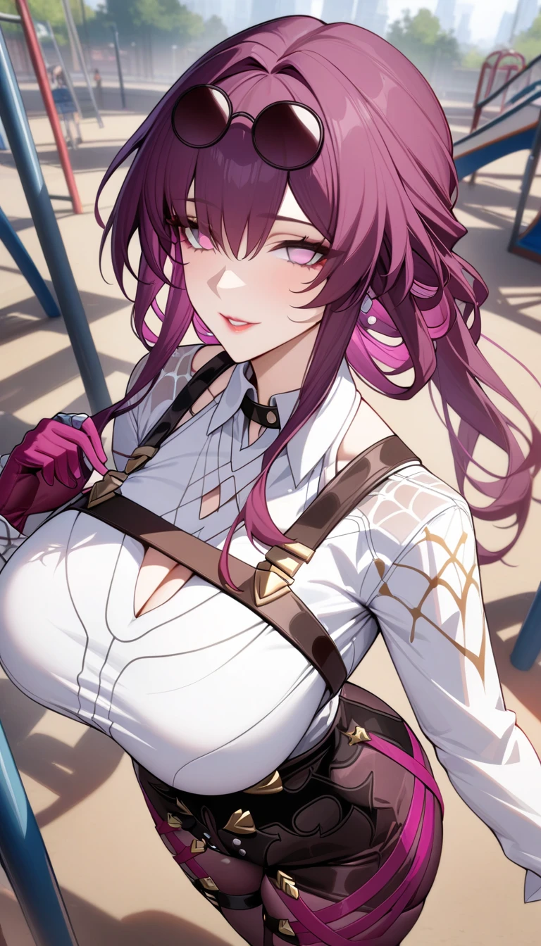 masterpiece, best quality, very aesthetic, absurdres, 1girl, mature_lady,,1girl, kafka \(honkai: star rail\), honkai \(series\), purple hair, eyewear on head, breasts, purple eyes, long hair, shirt, gloves, large breasts, white shirt, sunglasses,in a playground,floating_hair,from above