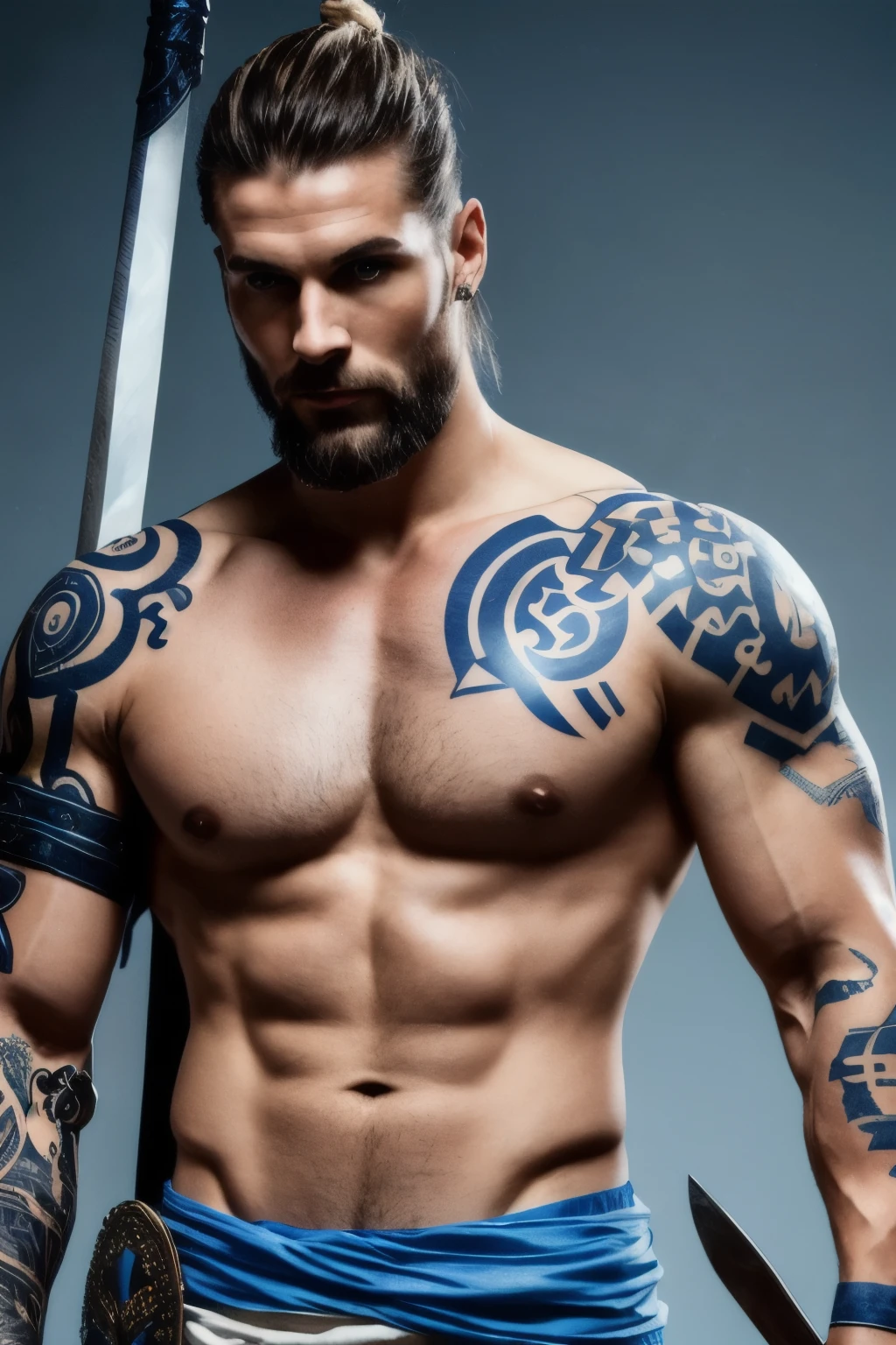 A tall Nordic man with blue tattoos (with several Greek meanings) with ponytail hair with brown eyes and leather armor showing only his shoulder to his belly holding a large sword with various blue tones