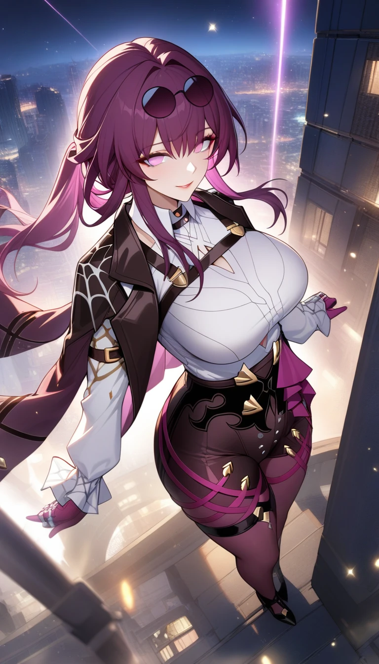 masterpiece, best quality, very aesthetic, absurdres, 1girl, mature_lady,,1girl, kafka \(honkai: star rail\), honkai \(series\), purple hair, eyewear on head, breasts, purple eyes, long hair, shirt, gloves, large breasts, white shirt, sunglasses,on the rooftop of a tall building,glowing stardust frontground,fantasy,sparkling,fireflies,from above