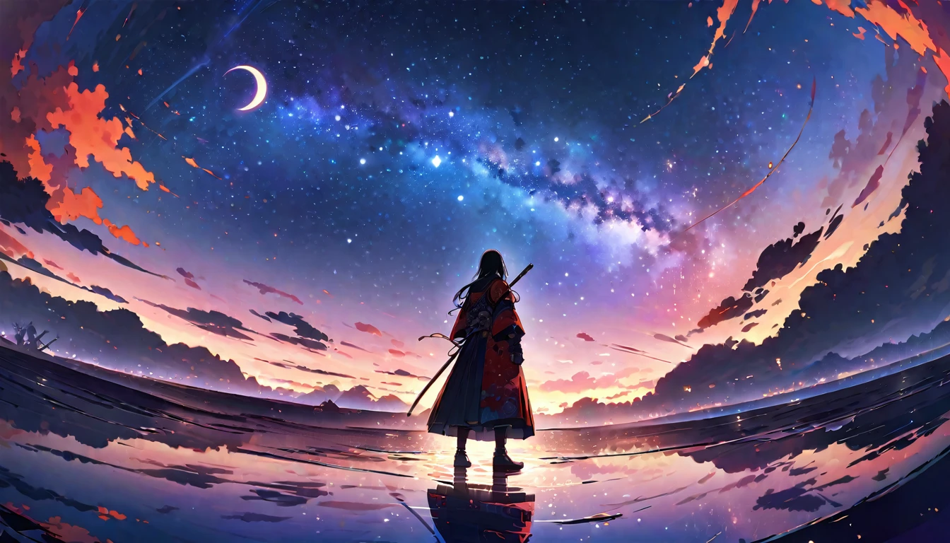 Crescent Moon,Official Art, Integrated 8K wallpapers, Very detailed,  masterpiece, Best image quality，Ultra Wide Angle，night，male,samurai，Standing by the salt lake，The water is like a mirror，Reflecting the sky,Look up at the sky，The Milky Way is in the sky，Dynamic Angle, Grace, Bright colors