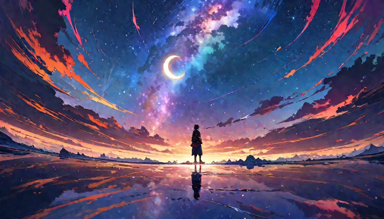 Crescent Moon,Official Art, Integrated 8K wallpapers, Very detailed, masterpiece, Best image quality,Ultra Wide Angle,night,male,samurai,Standing by the salt lake,The water is like a mirror,Reflecting the sky,Look up at the sky,The Milky Way is in the sky,Dynamic Angle, Grace, Bright colors
