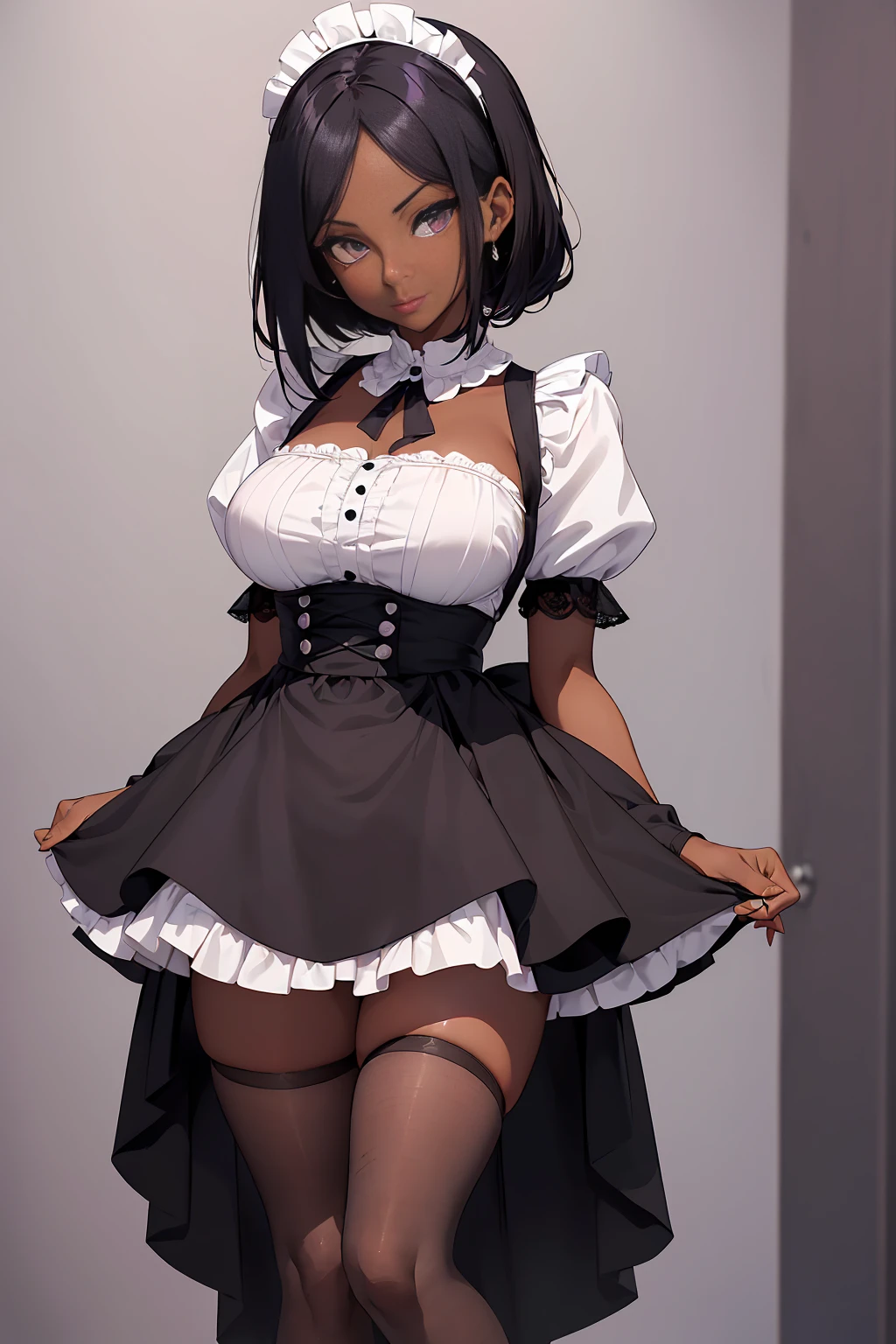 (isade),(Posing standing and with the body facing Fourth wall:1.5),+,(1 girl),(Mature body woman), (pretty: 1.5), (super hot: 1.5), (dark skin: 2.0), (long dark purple hair and dark purple eyes), (And super gigantic breasts: 1.5), (Height 1.20), (beautiful young woman), (super beautiful 18 year old ),(Slender body),(slim body),(slim body),(thin waist with hot hips),(large breasts and ass),(young mature and sexual woman's body),(Wearing),+,(Imagine a classic black and white maid dress, but with a very naughty twist – an incredibly short skirt that reveals almost everything. Imagine a black knee-length or longer bodice with puffed sleeves, a Peter Pan collar, and a small apron attached. This would be worn over a crisp white petticoat or slip that extends below the bodice. Now for the real showstopper: the skirt. Imagine a wide, gathered skirt that clings to the bodice at the waist. But here's the shocking part - the skirt must be incredibly short, barely covering the maid's private areas. We're talking about a micro-miniskirt effect, with the hem potentially even above the pubic bone. This would leave the maid's lower half surprisingly exposed, with just a hint of the white petticoat showing beneath her skirt. For a finishing touch, add a pair of white tights or sheer tights, along with black patent leather shoes or Mary Janes. This would accentuate the maid's legs and create a cute, feminine contrast to the outrageously short skirt.),
