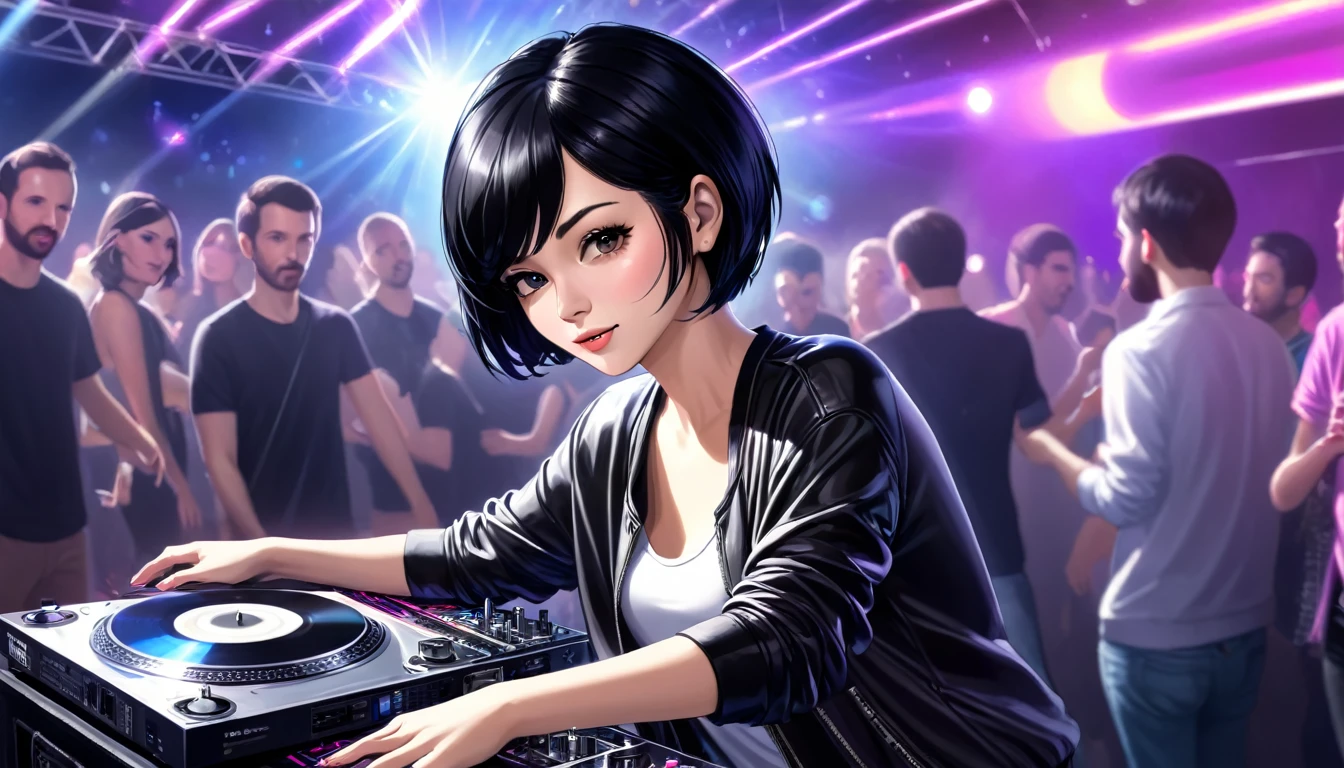 female dj, short black hair, club, turntable, disco, night life, hyper realistic, hd,
