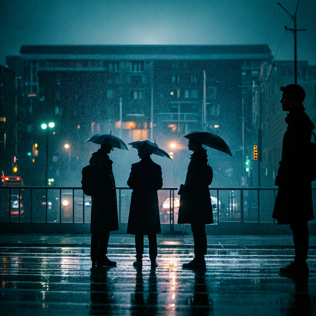 . A group of people stand in the rain, their images distorted by the blurry windows of a car, creating the effect of time warping in space. They look into the distance, as if expecting something unknown. Dark shadows and mystical light spots evoke a sense of mystery and uncertainty, as if this is a moment from a film about the violation of time paradoxes.
