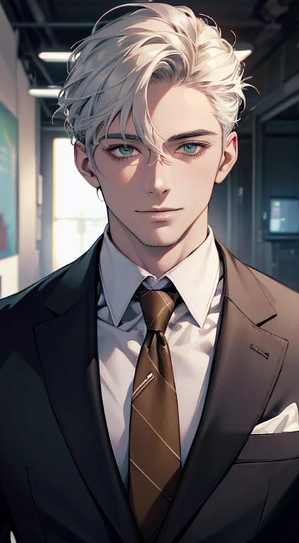 (Highest quality,4K,8K,High resolution,masterpiece:1.2),Super detailed,(Realistic,photoRealistic,photo-Realistic:1.37),1 person,34 years old,Mature Men,Beautiful skin、very handsome,Expressionless smile in love,Short white hair,green eyes,Sharp Eyes,A perfect face without a doubt,Businessman, CEO, Office Background,Cinema Lighting,HDR image,tie、
