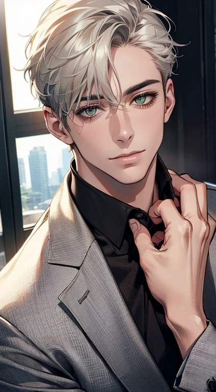 (Highest quality,4K,8K,High resolution,masterpiece:1.2),Super detailed,(Realistic,photoRealistic,photo-Realistic:1.37),1 person,34 years old,Mature Men,Beautiful skin、very handsome,Expressionless smile in love,Short white hair,green eyes,Sharp Eyes,A perfect face without a doubt,Businessman, CEO, Office Background,Cinema Lighting,HDR image,tie、