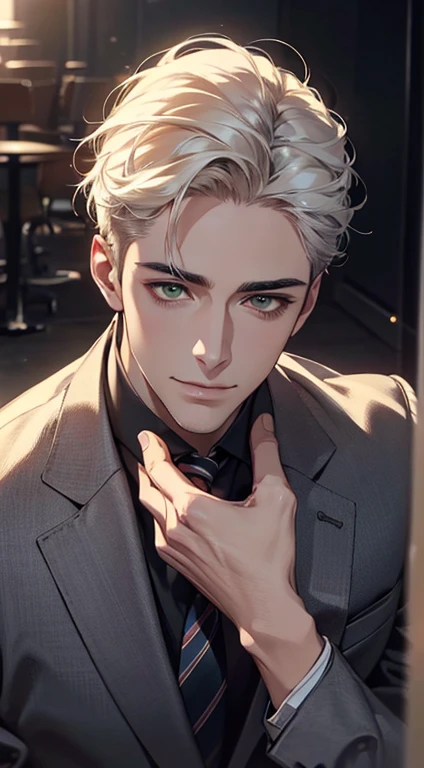 (Highest quality,4K,8K,High resolution,masterpiece:1.2),Super detailed,(Realistic,photoRealistic,photo-Realistic:1.37),1 person,34 years old,Mature Men,Beautiful skin、very handsome,Expressionless smile in love,Short white hair,green eyes,Sharp Eyes,A perfect face without a doubt,Businessman, CEO, Office Background,Cinema Lighting,HDR image,tie、