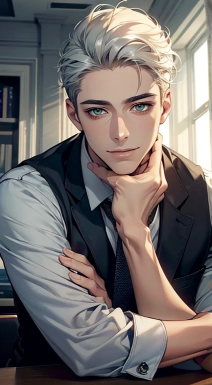 (Highest quality,4K,8K,High resolution,masterpiece:1.2),Super detailed,(Realistic,photoRealistic,photo-Realistic:1.37),1 person,34 years old,Mature Men,Beautiful skin、very handsome,Expressionless smile in love,Short white hair,green eyes,Sharp Eyes,A perfect face without a doubt,Businessman, CEO, Office Background,Cinema Lighting,HDR image,tie、