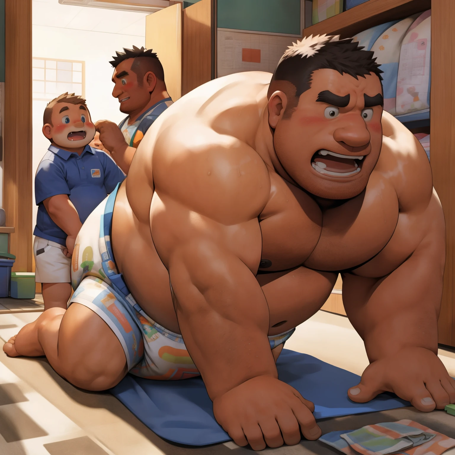 masterpiece, Top quality, in 32K, perfect anatomy, hyper detailed, super fine illustration, The thick man is a brutal retarded prisoner, hairy human, 50yo in Japan, (fatness: 1.0), Fatty muscle, Bowleg, disappointment, incontinent, shy, sissy, Weaker than children, Drool, Round face, be diaper check by children, waddle, There is a small puddle under him, incontinent, Bowleg, spread legs, wear a White cloth Diaper, Bare belly, Bare legs, Bare foots, Bare soles, Shirtless, wide forehead and short thinning hair, Man with round face with stubble, Bare foots, Bare soles, He enters nursery school and is despised by children, He surrounded by children, His bottom is wet, Bare foots, big butt, he is scolded by the children, White Diaper, He surrounded by children, sobbing, wear a White cloth Diaper, shirtless, There is a small puddle under him, He enters nursery school and is despised by children, big butt, sobbing, He crawling to go to children, on all fours, side view