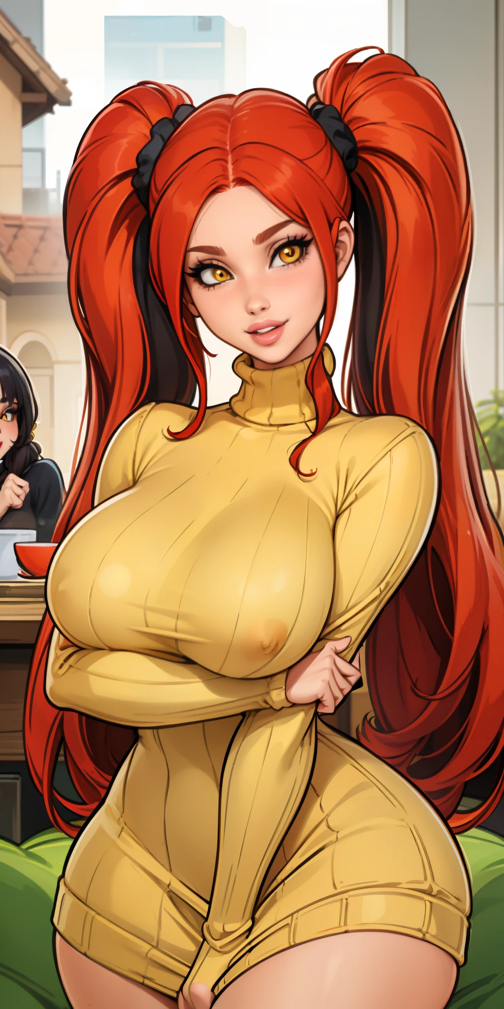 masterpiece, best quality, 1girl, solo, red hair, twintails, very long hair, yellow eyes, turtleneck, ribbed sweater, sweater dress, upper body, parted lips, lips, mature female, curvy, hair scrunchie, huge breasts, looking at viewer, house, Naughty girl smile