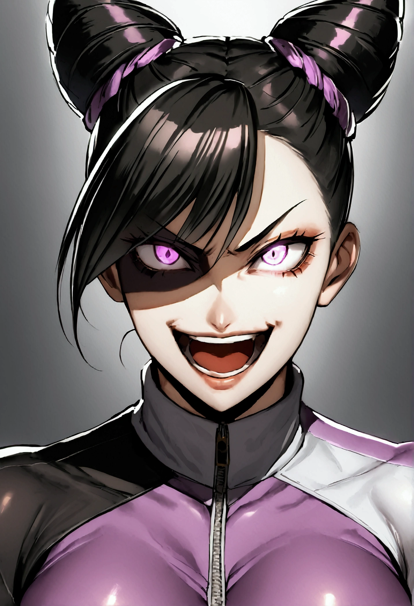 dark eye shadow,shining eyes,beautiful young fitness woman with , in a gym wearing May with black pantyhose, tight white and purple gym jacket. standing alone,hair horns,glowing purple eyes,Evil smile,legging preto ,labiaa,dark eye shadow,shining eyes,close up,open mouth with big evil smile
