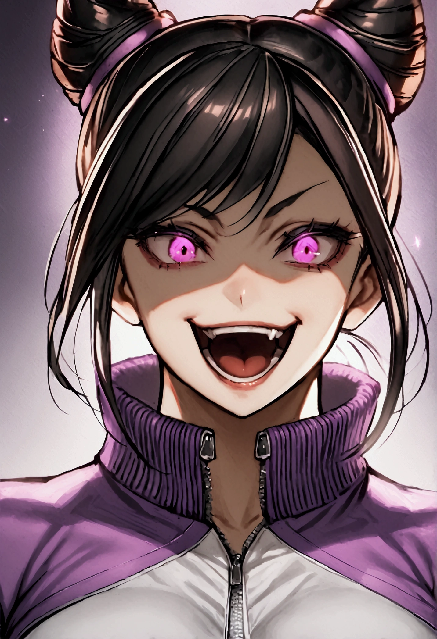 dark eye shadow,shining eyes,beautiful young fitness woman with , in a gym wearing May with black pantyhose, tight white and purple gym jacket. standing alone,hair horns,glowing purple eyes,Evil smile,legging preto ,labiaa,dark eye shadow,shining eyes,close up,open mouth with big evil smile