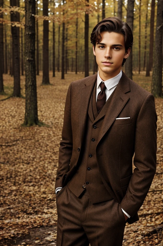 Very handsome 17 year old boy with warm brown eyes, dark brown / black hair. Face claim of Louis Partridge. Dressed in old brown Victorian suit, background of autumn forest. Realistic lifelike aesthetic photograph 