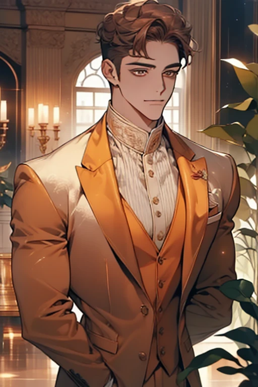 masterpiece, best quality, realistic, 1man, mature male, quiet and charming young man, 28 years old, adorable, closed mouth, portrait, extremely detailed face, soft smile, ((dark amber eyes)), ((short-sides-swept curly light brown hair)), [thick eyebrows], living-room, ((white suit))