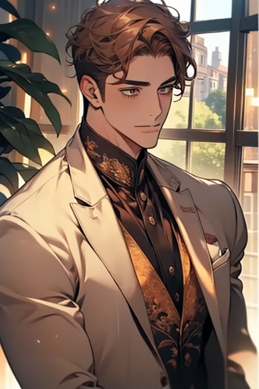 masterpiece, best quality, realistic, 1man, mature male, quiet and charming young man, 28 years old, adorable, closed mouth, portrait, extremely detailed face, soft smile, ((dark amber eyes)), ((short-sides-swept curly light brown hair)), [thick eyebrows], living-room, ((white suit))