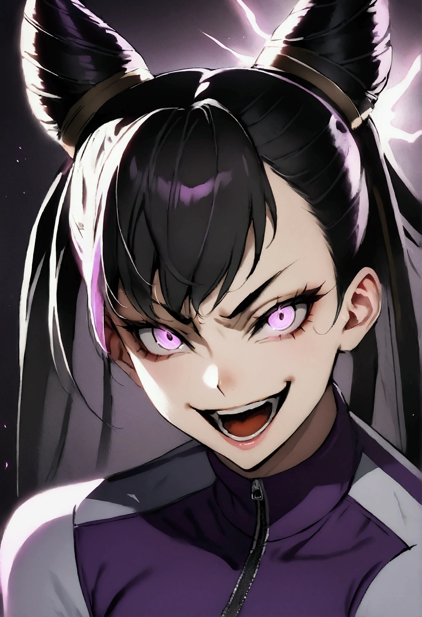 dark eye shadow,shining eyes,beautiful young fitness woman with , in a gym wearing May with black pantyhose, tight white and purple gym jacket. standing alone,hair horns,glowing purple eyes,Evil smile,legging preto ,labiaa,dark eye shadow,shining eyes,close up,open mouth with big evil smile