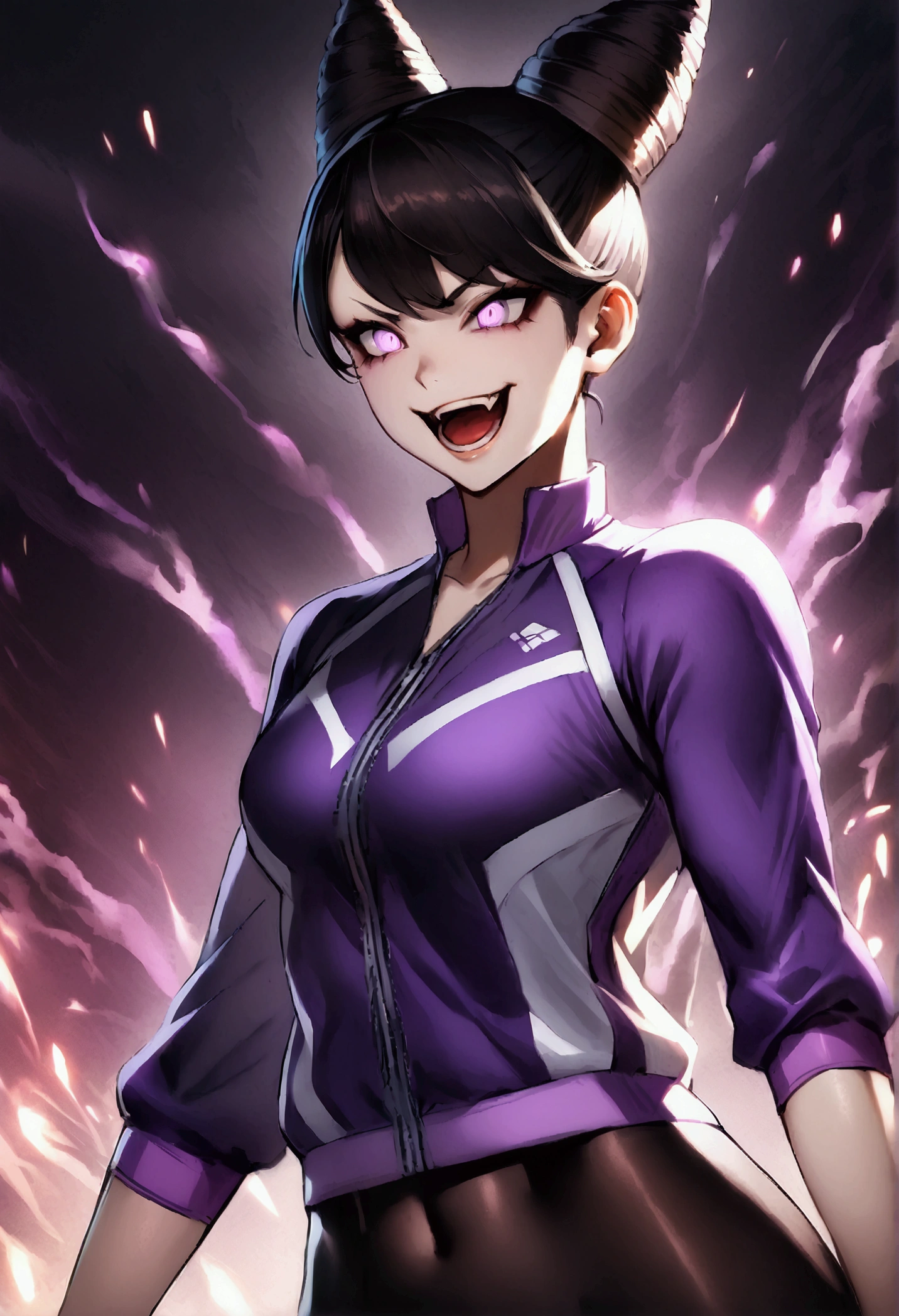 dark eye shadow,shining eyes,beautiful young fitness woman with , in a gym wearing May with black pantyhose, tight white and purple gym jacket. standing alone,hair horns,glowing purple eyes,Evil smile,legging preto ,labiaa,dark eye shadow,shining eyes,close up,open mouth with big evil smile