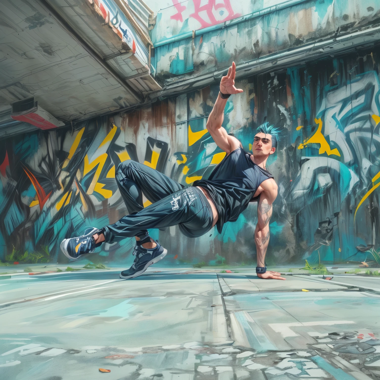 anatomically correct, Arafed man doing a handstand in front of a graffiti wall, Break dancing, males and females Break dancing, parkour, epic angle and pose, gloomy jordan style, very cool pose, very artistic pose, hip hop style, Wild Style, por Ludovit Fulla, in an action pose, jordan grimmer style, really cool pose