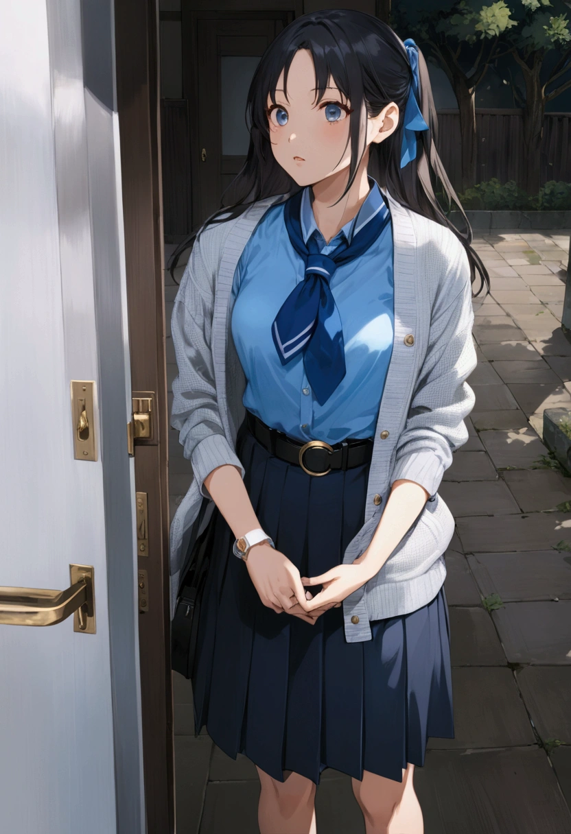 anime illustration of pretty teenage girl, black long straight hair girl with blue ribbon, carrying black bag, standing in front of mirror door, she wearing gray long sleeves cardigan outer, azure-blue short sleeves collared shirt, navy-blue neckerchief, navy-blue pleated pencil long skirt, black belt with gold circle buckle, and white socks, (1girl, solo,full body), (masterpiece, best quality, japanese anime style), BREAK, (gray long sleeves cardiga, azure-blue short sleeves collared shirt, navy-blue neckerchief, navy-blue pleated pencil long skirt, black belt with gold circle buckle, and white socks)
