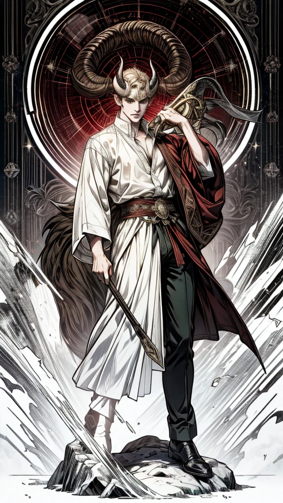 (absurdres, highres, ultra detailed) 1 male, handsome, tall muscular guy, hair (very short hair, curly hair, light hair with a reddish tint), 2 white horns(ram horns, round horns), green eyes, dark light, shadow, background is hell, looking at viewer, solo, (full body), white shirt like a prince, dynamic composition, mystical western demon atmosphere, dark