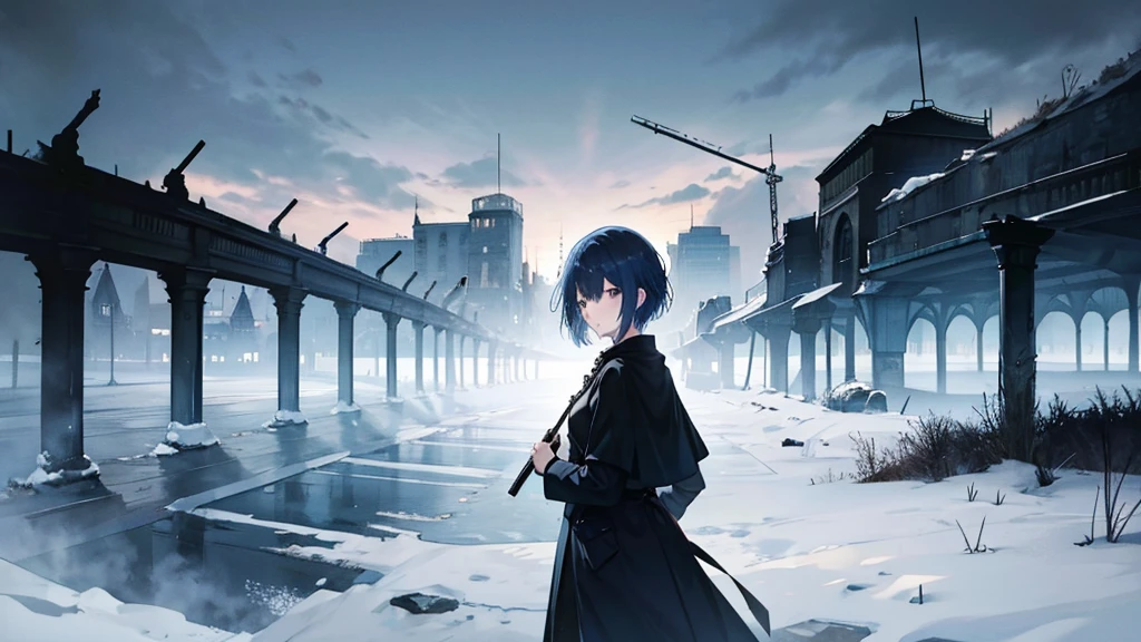 Blue short hair girl。Wearing a black cloak。The background is the battlefield of Berlin in 1945.。Wearing a German officer&#39;s cap。